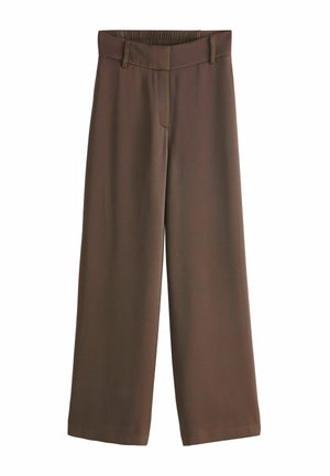 Brązowe spodnie z wysokim stanem o szerokich nogawkach, z pętlami na pasek i elastycznym paskiem z tyłu, wykonane z gładkiego materiału.