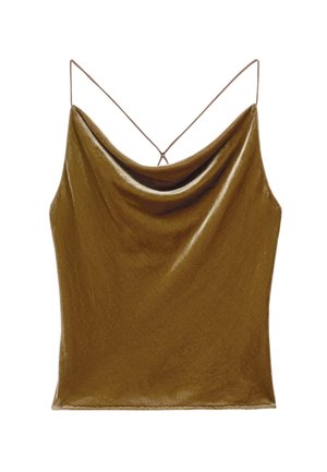 Olive green satin camisole top with a draped neckline and thin spaghetti straps. Features a smooth texture and minimalist design.