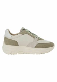 Sneakers med en kombination av ljusgrå läder och gröna mockadetaljer. Har texturerade accenter, ljusgröna snören och en tjock vit sula.