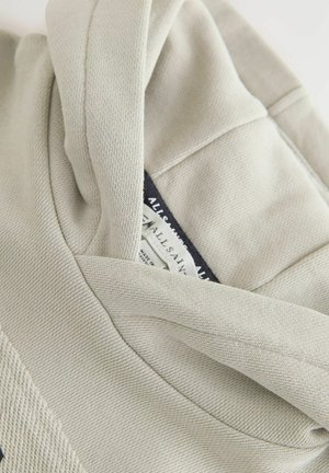 Svetlosivá mikina s kapucňou z textúrovaného materiálu, s kapucňou so šnúrkou a štítkom viditeľným pri výstrihu, zdôrazňujúcim ležérny dizajn.