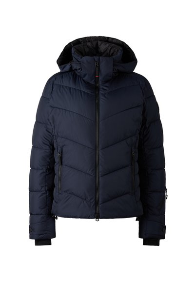 Dunkelblaue Daunenjacke mit Kapuze, die ein gestepptes Muster, einen Reißverschluss vorne und seitliche Reißverschlusstaschen bietet. Verstellbare Bündchen mit Daumenlöchern.