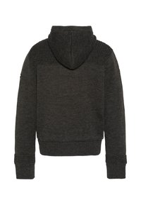 Ciemnoszara bluza z kapturem o teksturowanym wzorze dzianiny, z prążkowanymi mankietami i grubym wzorem dzianiny na ramionach. Widok z tyłu ukazuje prostą sylwetkę.