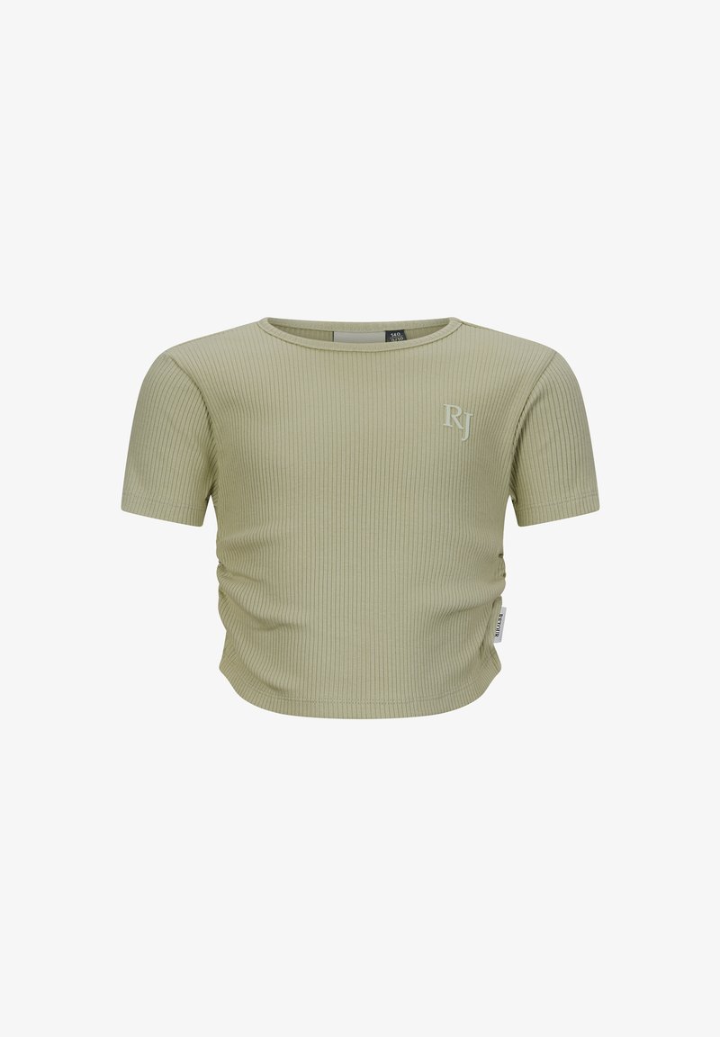 T-shirt a manica corta ribbed verde chiaro con scollatura rotonda e un piccolo logo bianco "RJ" sul petto. Tessuto morbido, stile aderente e dettaglio cucito.