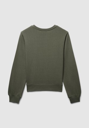 Felpa verde oliva con collo rotondo, maniche lunghe, polsini e orlo a costine. Texture liscia e morbida senza motivi visibili. Vista posteriore.