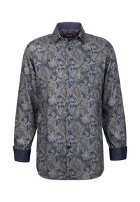 Camicia a maniche lunghe con bottoni di colore grigio scuro, con un motivo paisley dorato e bianco. Presenta un colletto e bottoni blu. Tessuto di texture liscia.
