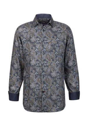 Camicia a maniche lunghe con bottoni di colore grigio scuro, con un motivo paisley dorato e bianco. Presenta un colletto e bottoni blu. Tessuto di texture liscia.