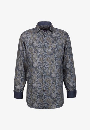 Camicia a maniche lunghe con bottoni di colore grigio scuro, con un motivo paisley dorato e bianco. Presenta un colletto e bottoni blu. Tessuto di texture liscia.