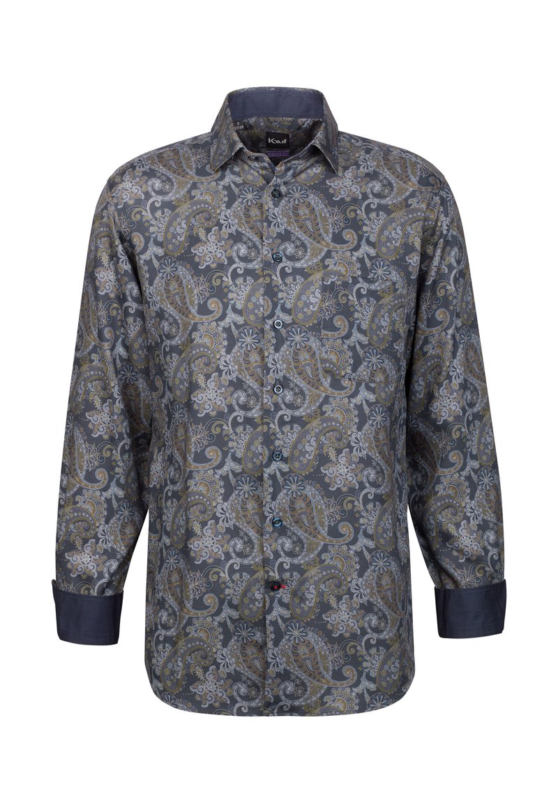 Camicia a maniche lunghe con bottoni di colore grigio scuro, con un motivo paisley dorato e bianco. Presenta un colletto e bottoni blu. Tessuto di texture liscia.
