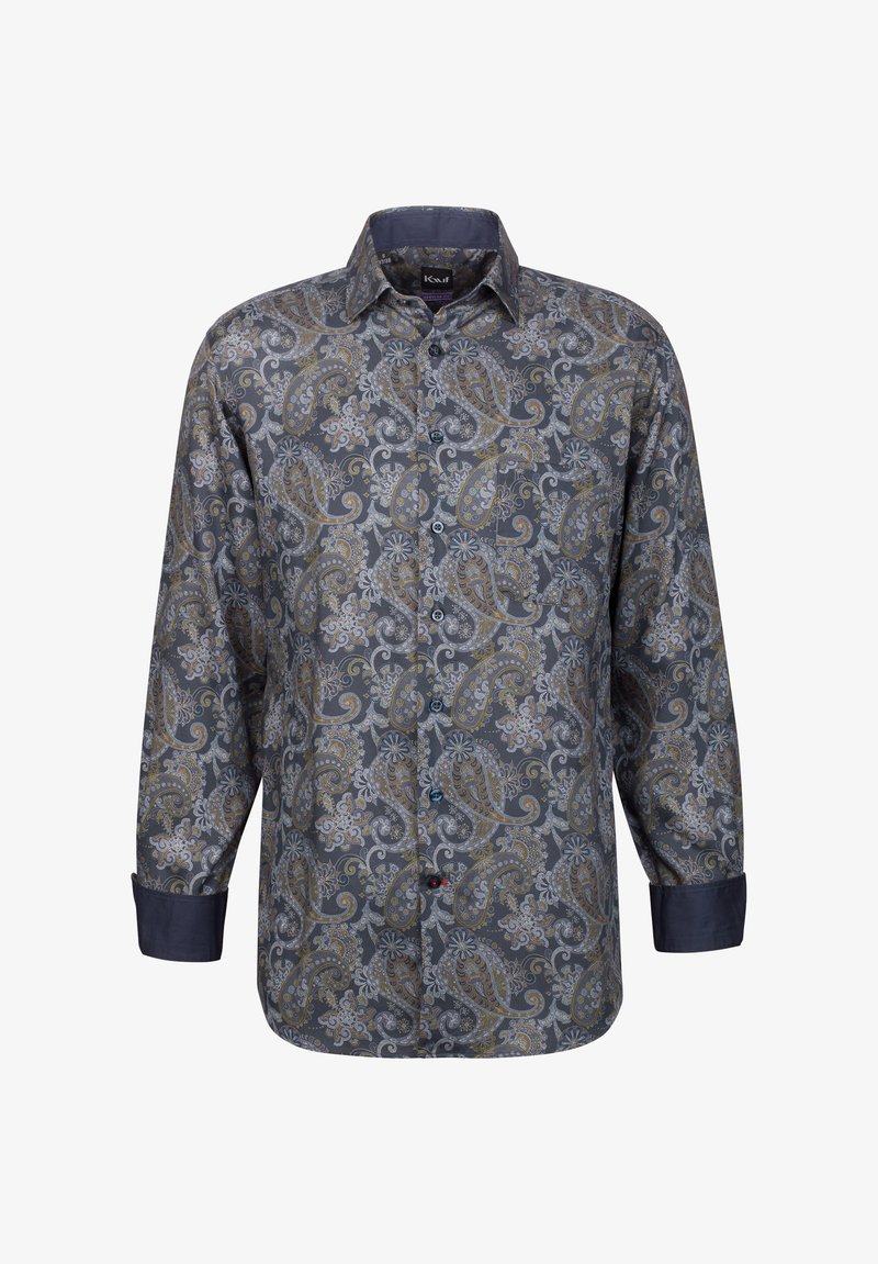 Camicia a maniche lunghe con bottoni di colore grigio scuro, con un motivo paisley dorato e bianco. Presenta un colletto e bottoni blu. Tessuto di texture liscia.