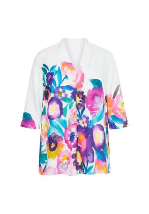 Ulla Popken, WATERCOLOR FLORAL 3/4 SLEEVE SATIN BLOUSE - Langærmet T-shirt - snow white