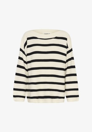 Črtasta jopica v krem in črni barvi, ki ima širok ovratnik in dolge rokave. Narejena je iz teksturirane pletenine z udobnim krojem.