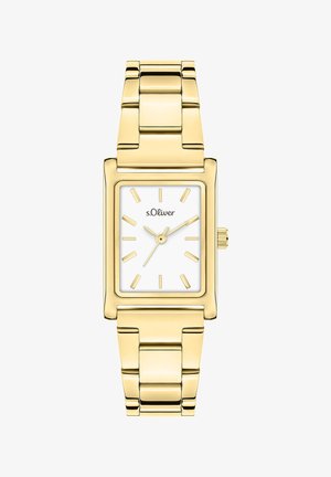 Goldene rechteckige Uhr mit weißem Zifferblatt, minimalistischen Stundenmarkierungen und einem Metallgliederarmband. Markenname "s.Oliver" auf dem Zifferblatt angezeigt.