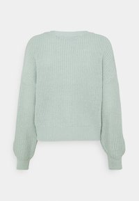 Miętowo-zielony sweter dzianinowy z okrągłym dekoltem, luźnym krojem i balonowymi rękawami. Teksturowana tkanina i prążkowany dół dodają szczegółów.