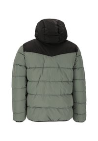 Pufjakke med en grøn underkrop og en sort overdel, som har vandret syninger, hætte og en slidstærk finish.