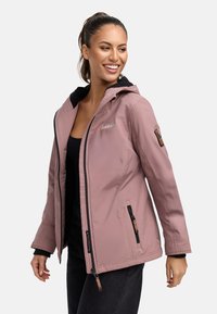 Light pink waterproof jacket with a removable black hood, zippered pockets, and brown leather accents. Features a fitted design and smooth texture.