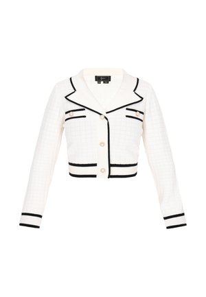 White cropped cardigan with a textured pattern, black trim, and pearl buttons. Features a notched collar and long sleeves with striped cuffs.