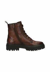 Botín de cuero marrón hasta el tobillo con frente con cordones, cremallera lateral, suela resistente y superficie texturizada, con una banda de rodadura negra en contraste.