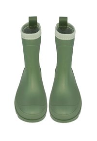 Bottes en caoutchouc vertes et imperméables avec une finition lisse, un talon surélevé et une garniture élastique en haut, présentant une semelle texturée pour l'adhérence.