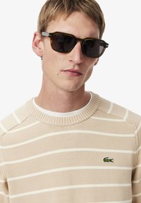 Maglione a righe beige con scollatura a girocollo e logo ricamato verde, abbinato a occhiali da sole scuri con montatura ottagonale.