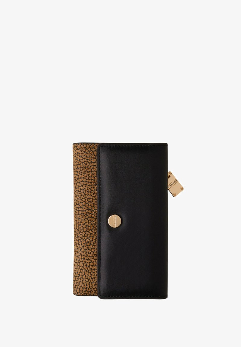 Portefeuille en cuir noir avec un côté marron texturé, des détails en métal doré et une fermeture à bouton. Forme rectangulaire compacte et design élégant.