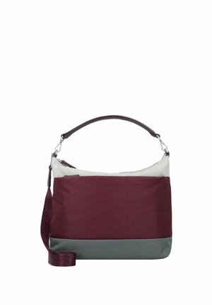 Rechteckige Handtasche mit drei Farbblöcken in Grau, Burgund und Off-White, mit abnehmbarem Trageriemen und einem Griff oben.