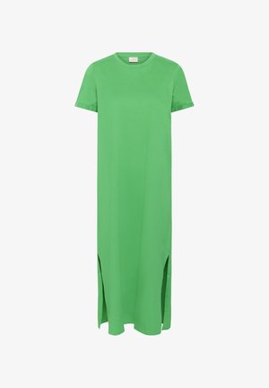 Groene jurk met korte mouwen, middenlengte, ronde hals en zijsplitsingen bij de zoom, uitgevoerd in een effen ontwerp.