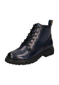 Tumši zila ādas zābaki līdz potītei ar glazūru apdari, auklu dizainu, apaļu purngalu un teksturētu melnu gumijas zoli. Dzeltena akcenta lente aizmugurē.