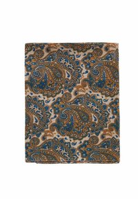 Multicolor paisley stof met complexe bruine en blauwe patronen op een lichte achtergrond, wat een gestructureerde, zachte uitstraling creëert.