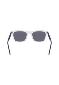 Occhiali da sole rettangolari trasparenti con lenti grigie, montatura trasparente e aste blu navy. Presentano dettagli in metallo vicino alle cerniere.
