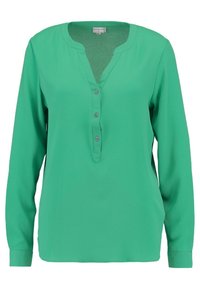 Vihreä, pitkähihaisista puseroista valmistettu tekokuituinen kangas. Ominaisuuksiin kuuluu V-mallinen kaula-aukko ja viisi nappia edessä, rento istuvuus ja ilman kuvioita.