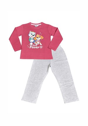Kinderoutfit mit einem pinkfarbenen Langarmshirt mit zwei animierten Hunden und dem Schriftzug "Girl Power", kombiniert mit hellgrauen Hosen.
