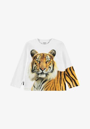 Witte blouse met lange mouwen en een realistisch tijgergezicht centraal op de voorkant, met tijgerstrepen die doorlopen op de rechtermouw.