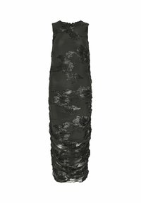 Bezramínkov dress v tmavě zelené barvě s květinovou krajkovou vrstvou. Obsahuje řasení po stranách a má délku po kolena. Hladká textura.