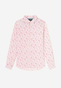 Chemise à boutons florale en tissu rose clair, avec un motif floral blanc, des manches longues et un col avec un ourlet droit.