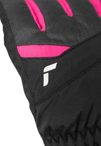 Schwarzer Winterhandschuh mit pinken Akzenten an den Fingern und am Handgelenk, mit einem weißen Logo-Detail. Glatte Textur, elastischer Bund für einen sicheren Sitz.