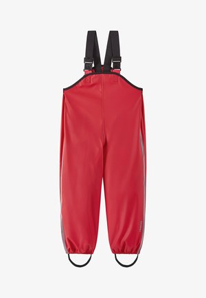 Czerwone wodoodporne ogrodniczki z regulowanymi czarnymi szelkami, elastycznymi mankietami i odblaskowymi akcentami po bokach. Wykonane z trwałego, gładkiego materiału.