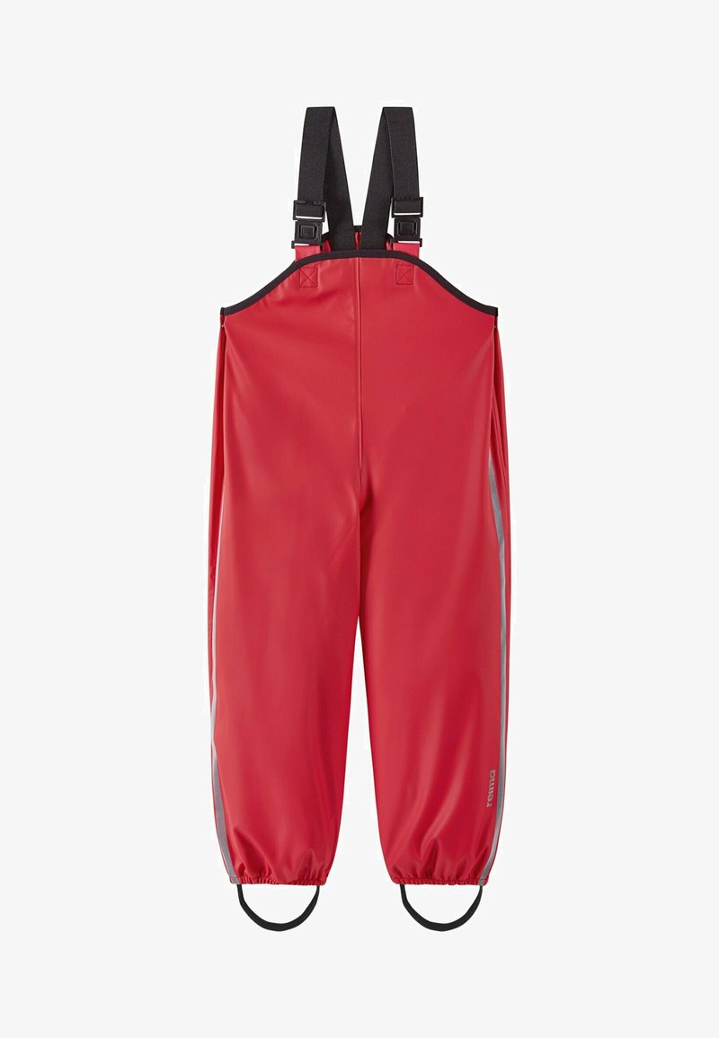 Rote wasserdichte Latzhose mit verstellbaren schwarzen Trägern, elastischen Bündchen und reflektierenden Seitenelementen. Hergestellt aus strapazierfähigem, glattem Material.