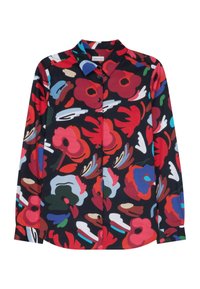 Chemise à boutons multicolore avec un motif floral, des accents rouges, verts et bleus sur un fond sombre ; texture lisse avec des manches longues.
