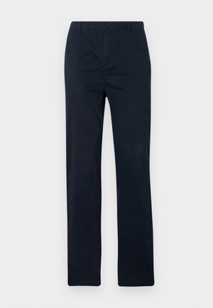 Pantaloni blu navy in cotone, con design a gamba dritta, chiusura frontale con bottone e senza motivi o accenti visibili.
