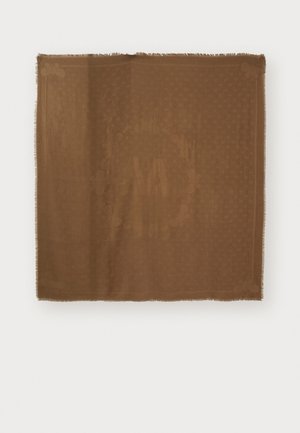 Brown woven scarf featuring a subtle pattern and fringed edges, measuring approximately square with a soft texture.
