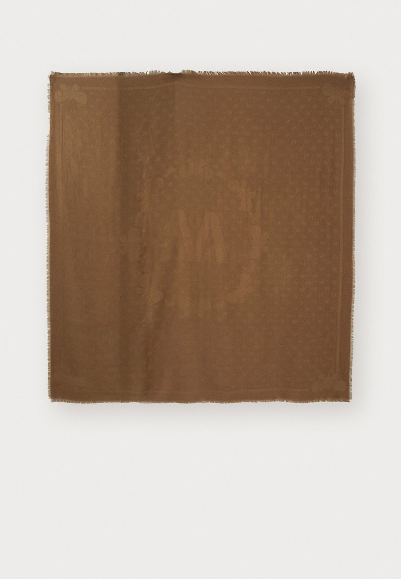 Brown woven scarf featuring a subtle pattern and fringed edges, measuring approximately square with a soft texture.