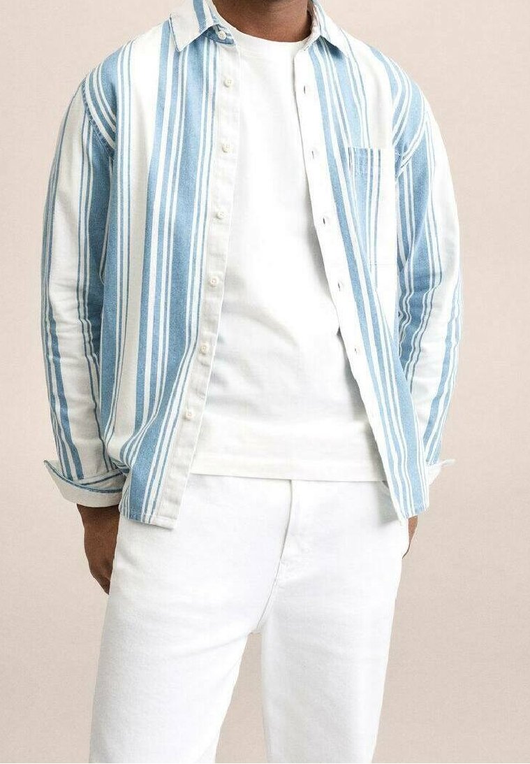 Camisa abotonada a rayas azules y blancas, con una camiseta blanca debajo y pantalones blancos. Tela suave, ajuste holgado y mangas largas.