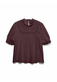 Burgundijska bluza od teksturiranog materijala, s kratkim puff rukavima, visokim ovratnikom s detaljima gumba i izvezenim detaljima na grudima.