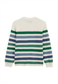 Pull en tricot avec des rayures horizontales crème, vertes, bleues et grises. Comprend des poignets côtes et un col rond. Texture douce, design décontracté.