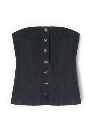 Czarny gorsetowy top z dżinsu bez ramiączek, zapinany z przodu na siedem srebrnych guzików na białym tle.