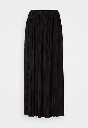 Black pleated maxi skirt with an elastic waistband, featuring vertical folds and a smooth texture, designed for a flowing silhouette.