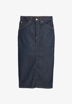 Denim skirt featuring a straight cut, dark wash, contrasting yellow stitching, front pockets, and a zip-fly with button closure.