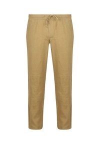 Beige linnenbroek met een elastische tailleband, een trekkoord en zijsplitten aan de zoom voor extra comfort en gemakkelijkheid.