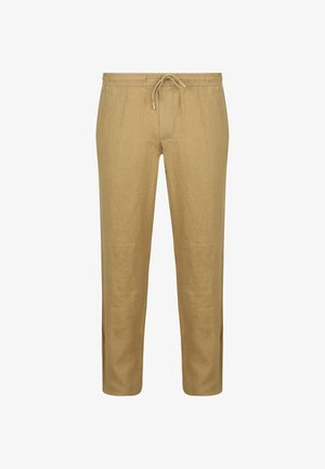 Beige linnenbroek met een elastische tailleband, een trekkoord en zijsplitten aan de zoom voor extra comfort en gemakkelijkheid.