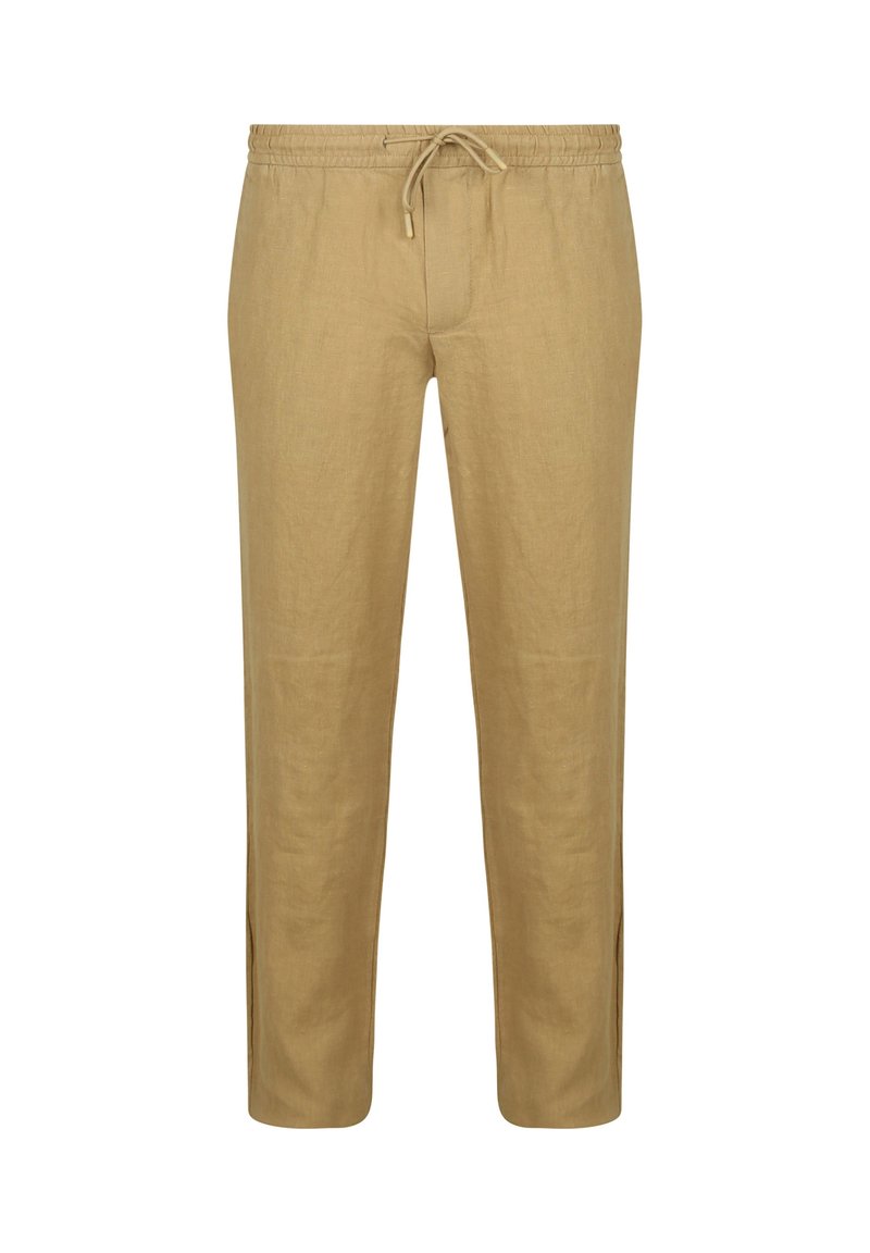 Beige linnenbroek met een elastische tailleband, een trekkoord en zijsplitten aan de zoom voor extra comfort en gemakkelijkheid.